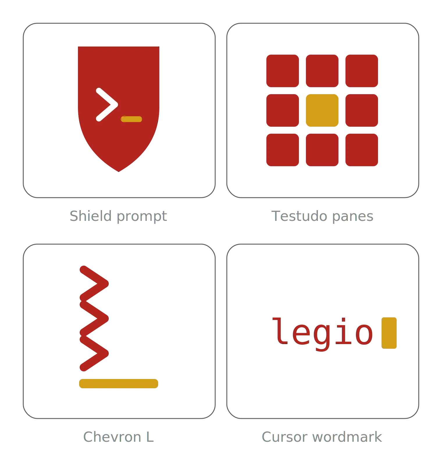 First ideas: Shield prompt, Testudo panes, Chevron L, and Cursor wordmark