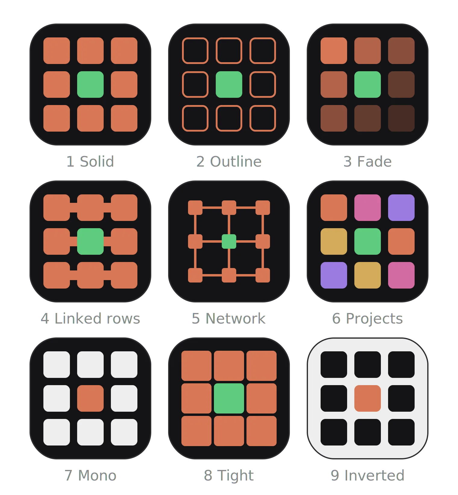 Nine grid variations: Solid, Outline, Fade, Linked rows, Network, Projects, Mono, Tight, and Inverted