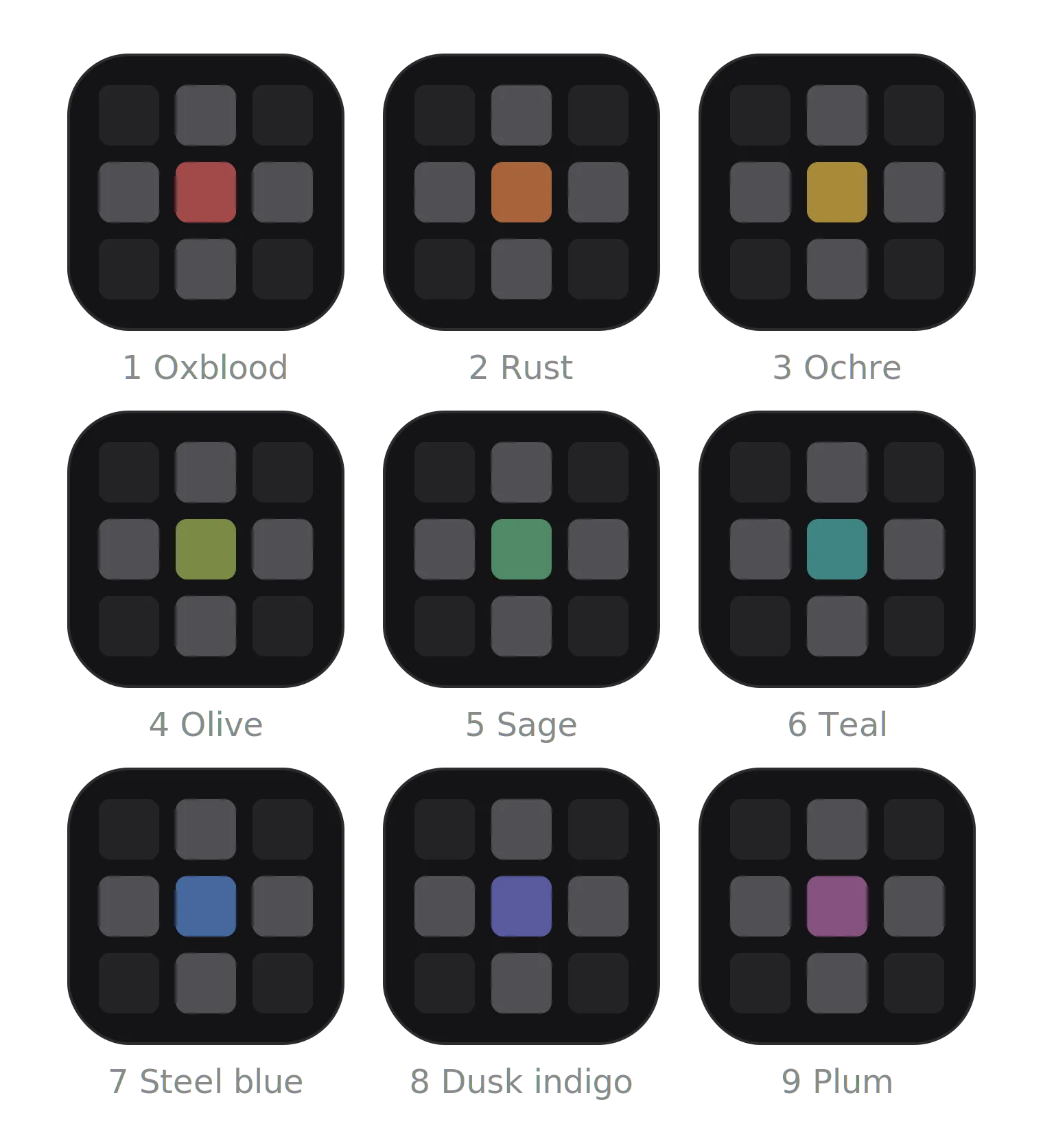 Nine soft colors for the center panel: Oxblood, Rust, Ochre, Olive, Sage, Teal, Steel blue, Dusk indigo, and Plum