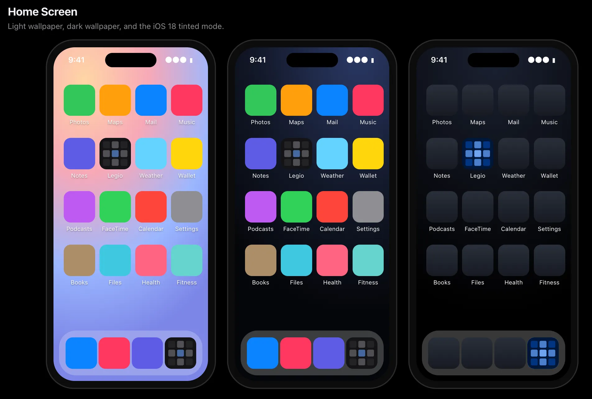 iPhone home screen with the Legio icon among other apps, in light, dark, and tinted iOS 18 modes